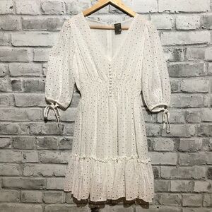 Taylor White Eyelet Half-Sleeve V-Neck Smocked A-Line Dress
